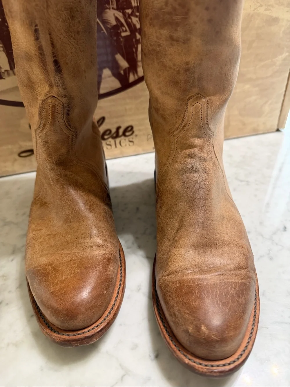 Lucchese Classics Tall Riding Boots Women’s 7B Distressed Tan Leather Studded